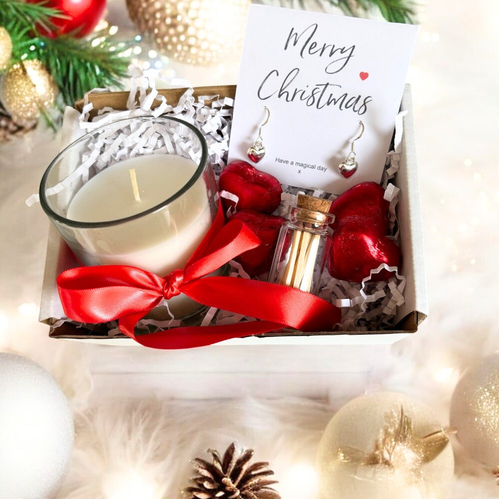 Small Merry Christmas Gift box - Silver Heart Drop Earrings, Chocolates & Candle