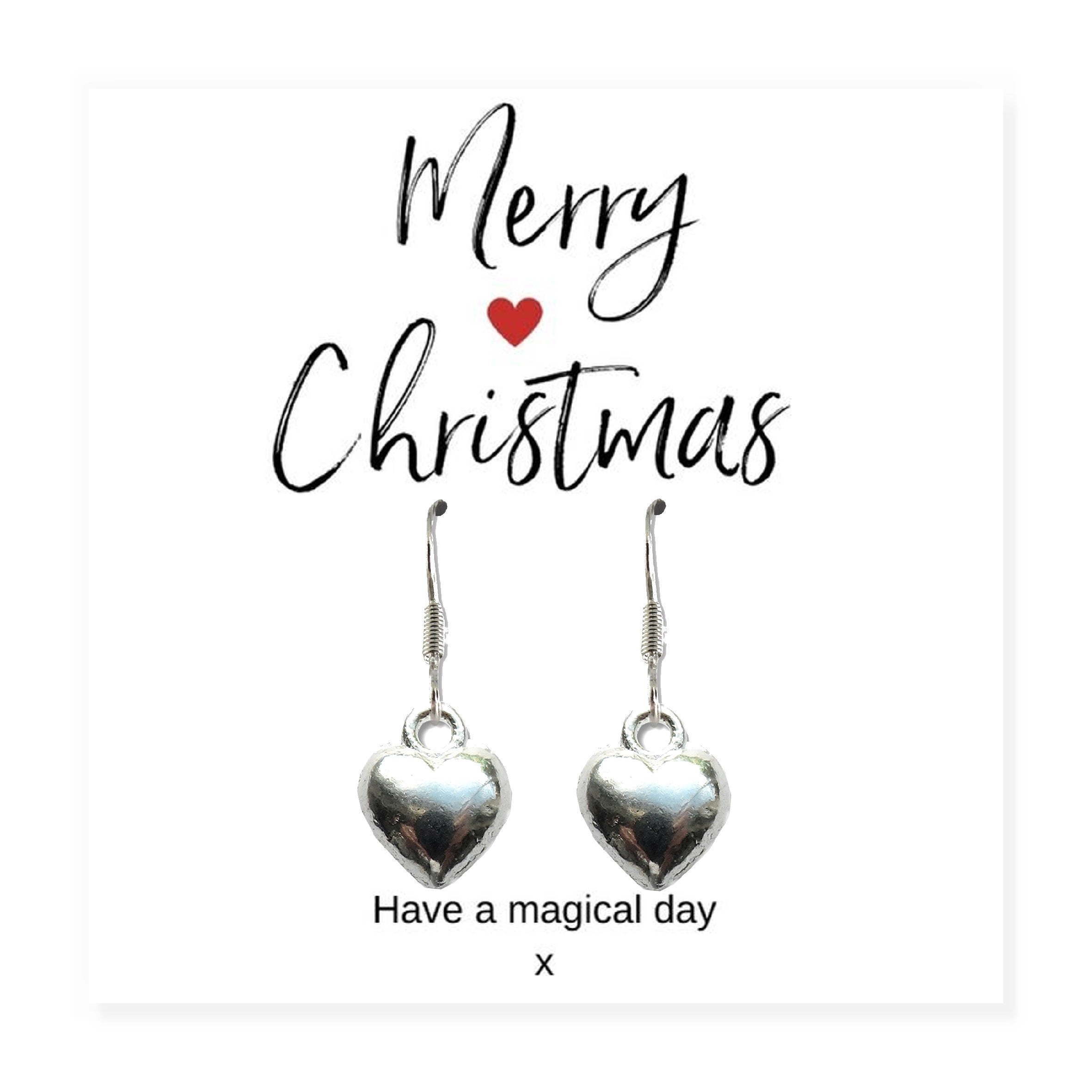 Small Merry Christmas Gift box - Silver Heart Drop Earrings, Chocolates & Candle