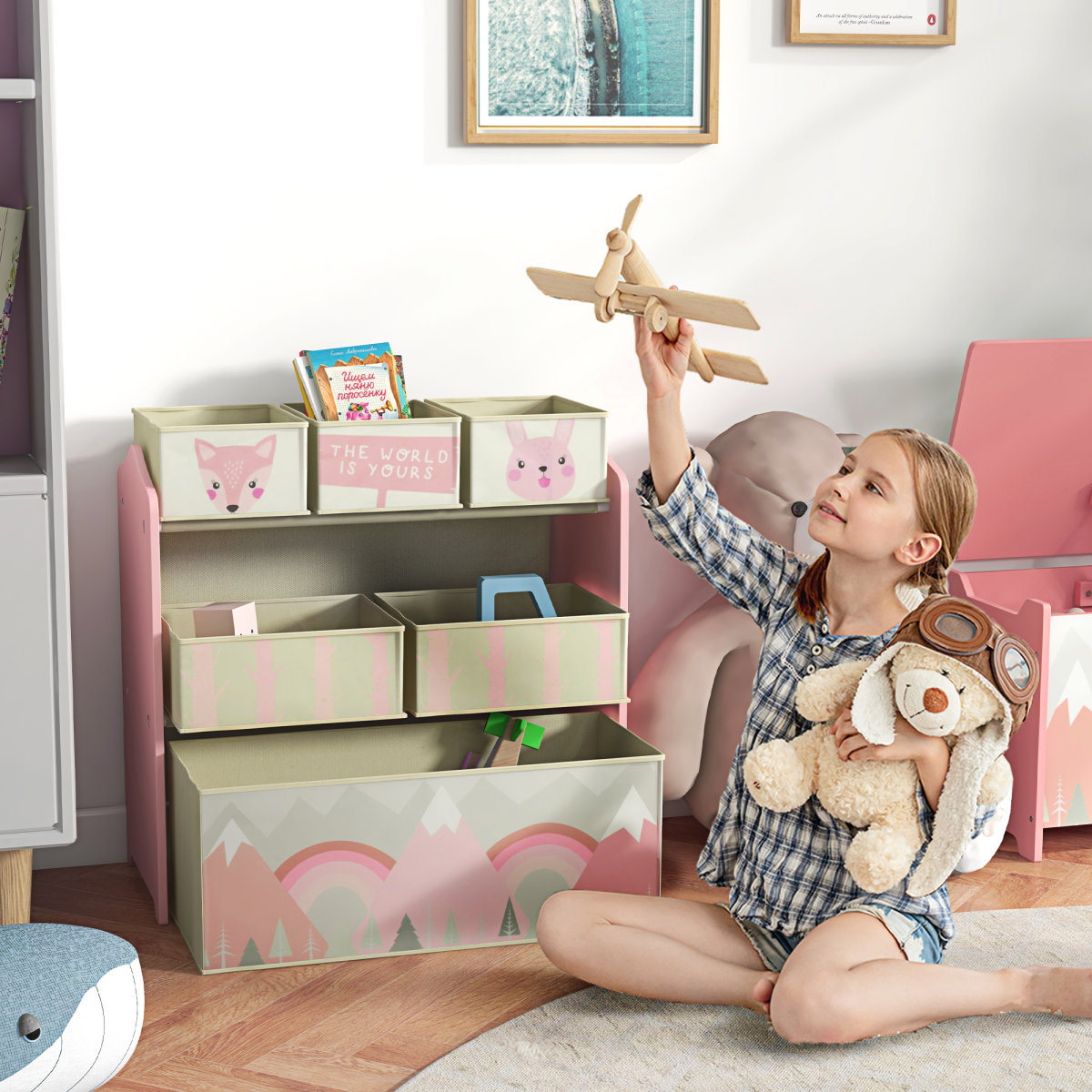 Kids Storage Units with 6 Boxes, Childrens Toy Storage Organiser, Pink
