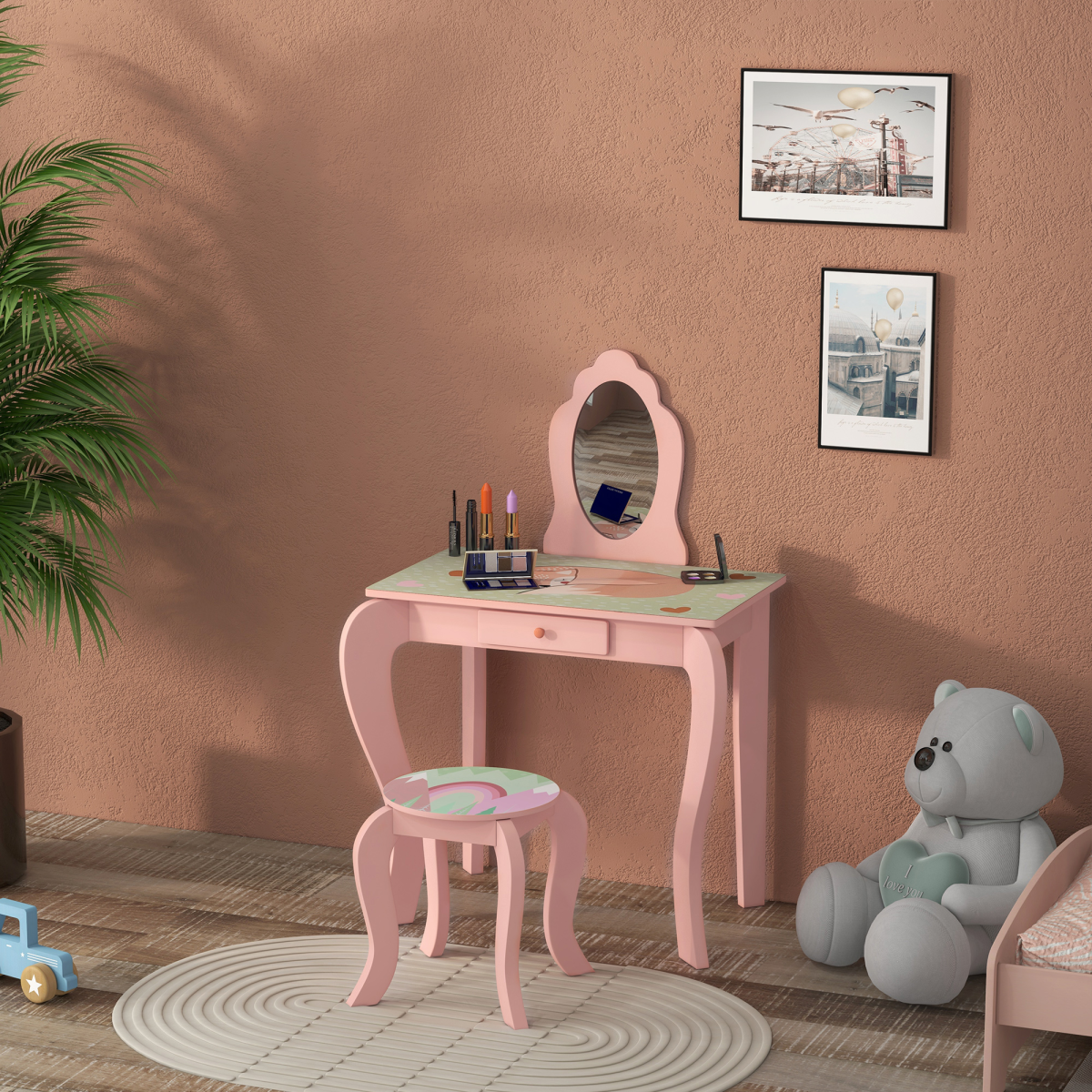 Kids Dressing Table with Mirror Stool Drawer, Animal Design, Pink