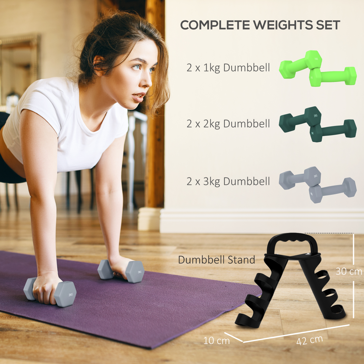 Dumbbells Set with Storage Rack, 2 x 1kg, 2 x 2kg, 2 x 3kg, Green