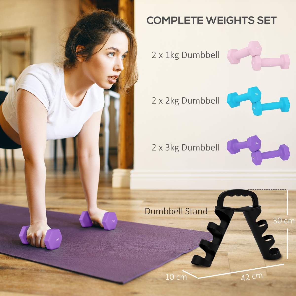Dumbbells Set with Storage Rack, 2 x 1kg, 2 x 2kg, 2 x 3kg, Pink