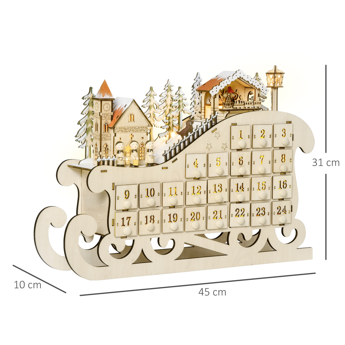 Christmas Advent Calendar 2021 Light Up Wooden Sleigh Countdown Natural