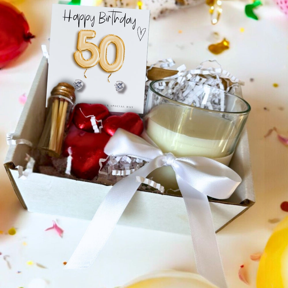 50th Birthday Gold Balloons Gift box - Cubic Zirconia Earrings, Chocolates & Candle