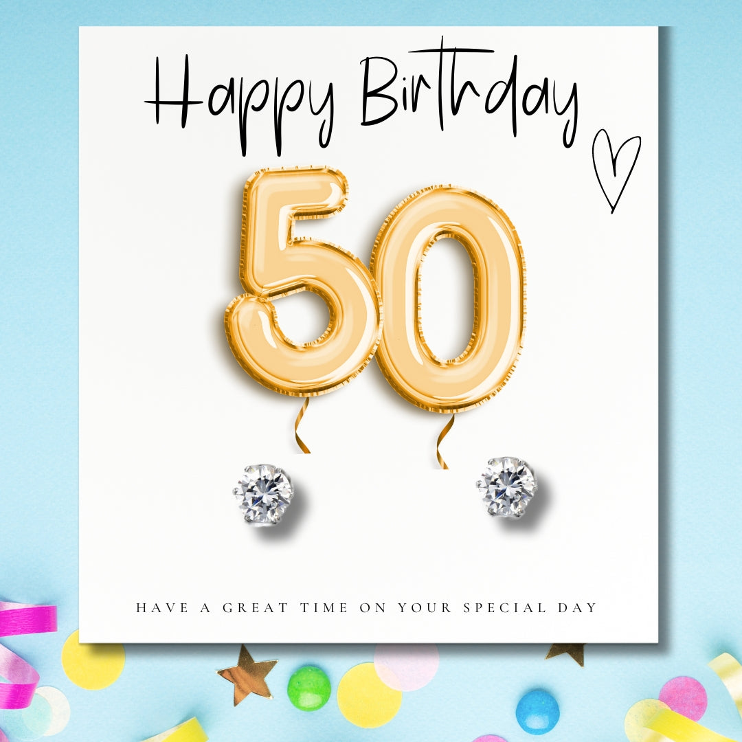 50th Birthday Gold Balloons Gift box - Cubic Zirconia Earrings, Chocolates & Candle