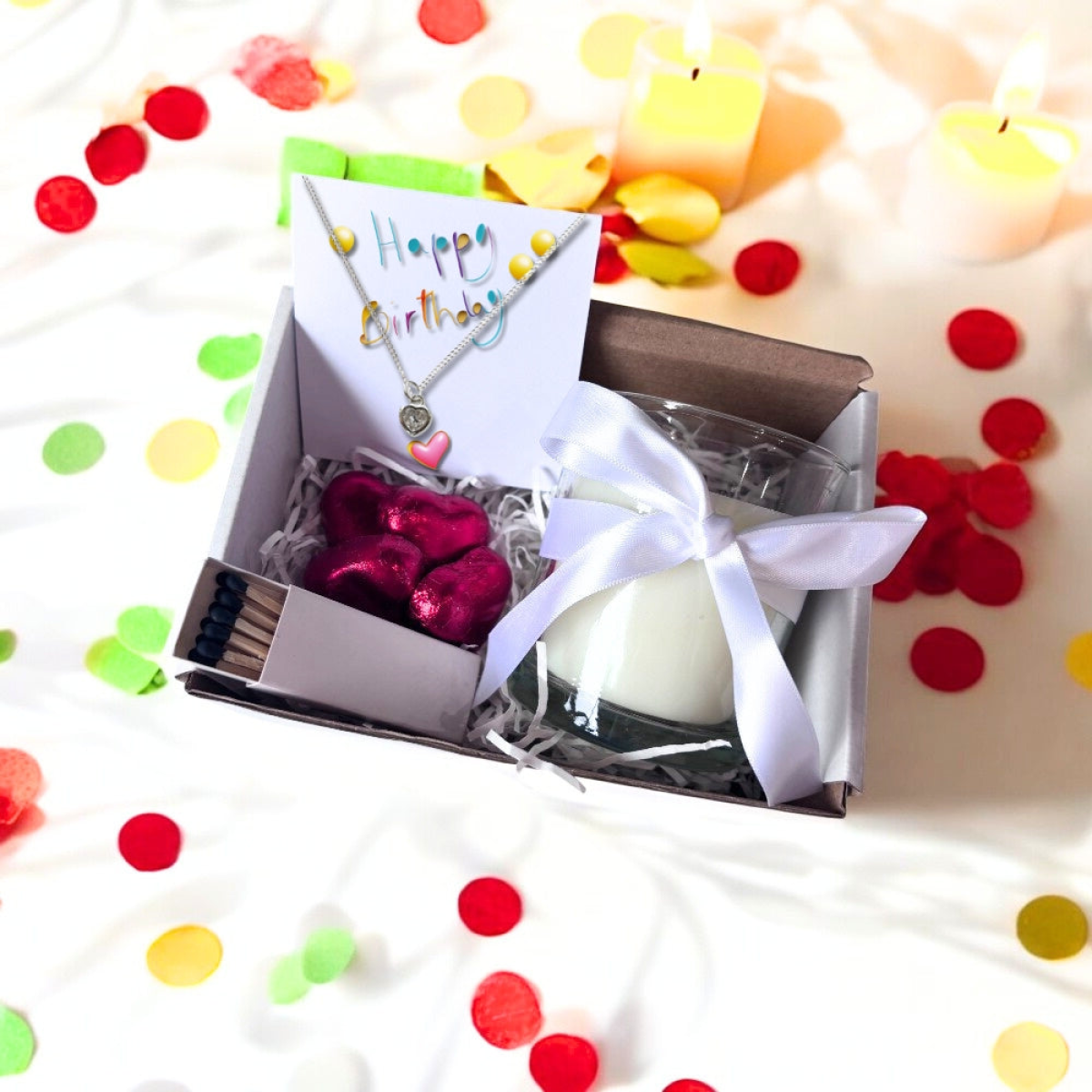 Happy Birthday Gift box - Cubic Zirconia Heart Necklace, Chocolates & Candle
