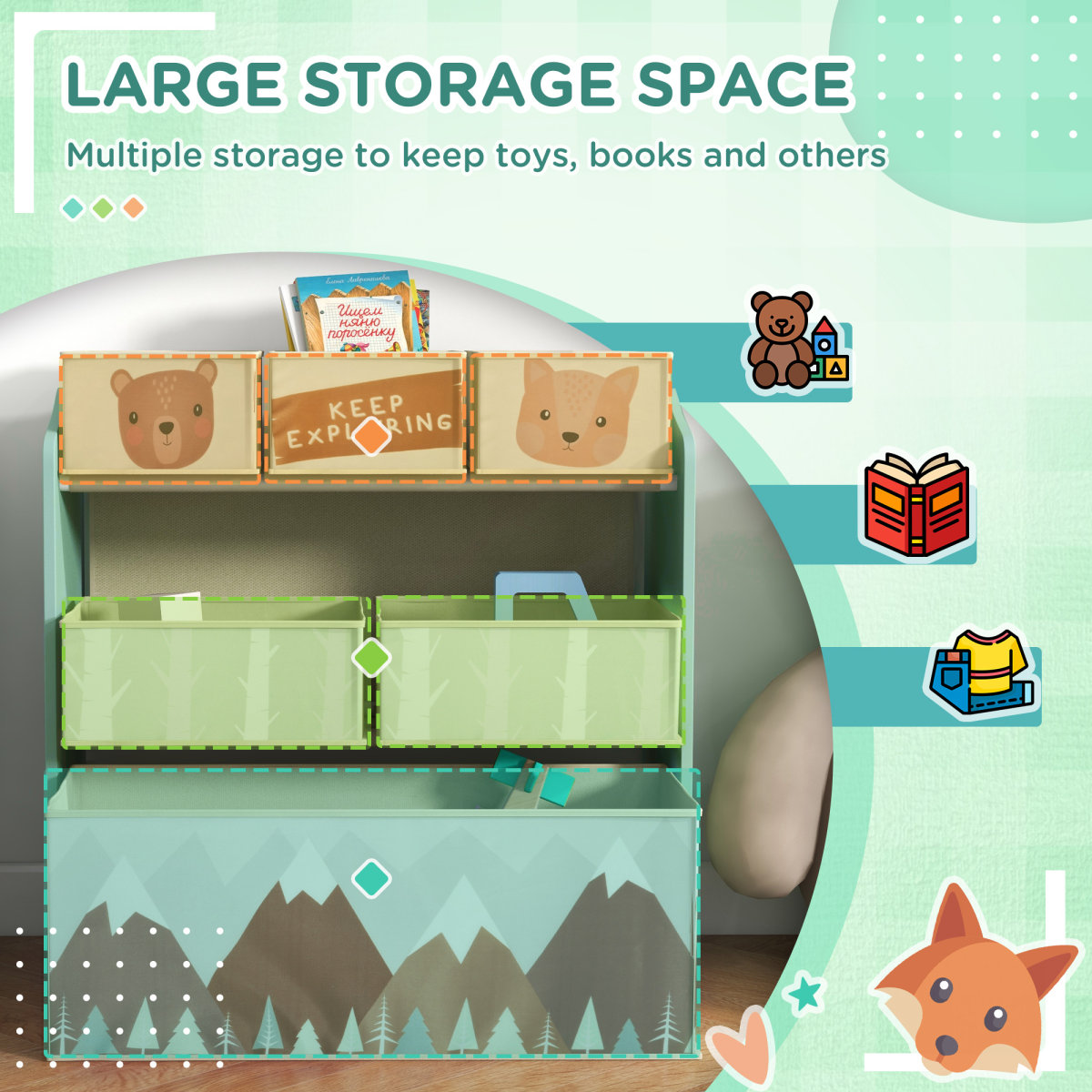 Kids Storage Units with 6 Boxes, Childrens Toy Storage Organiser, Green