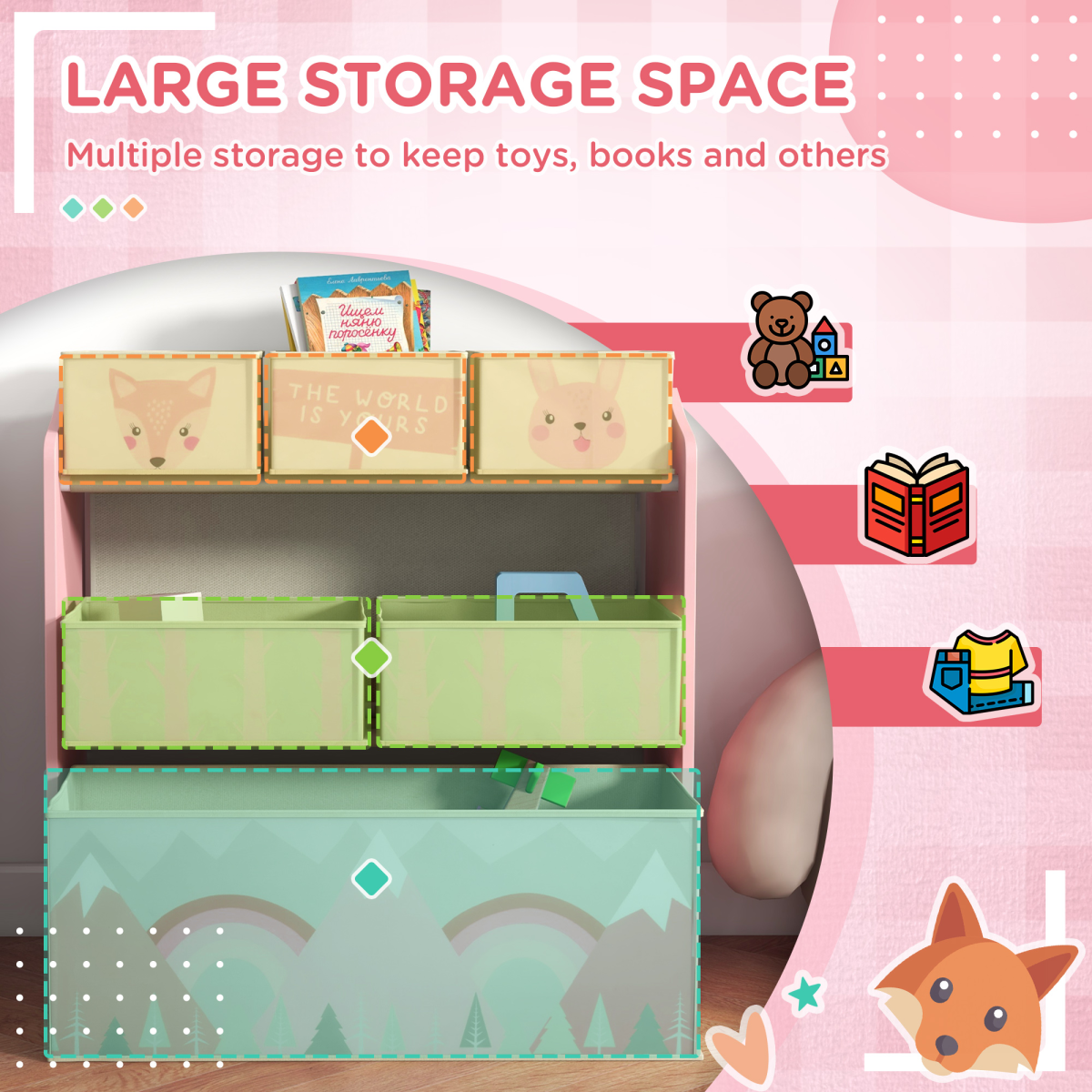 Kids Storage Units with 6 Boxes, Childrens Toy Storage Organiser, Pink