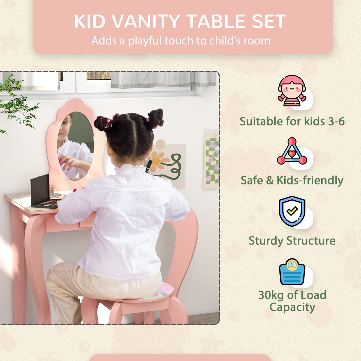 Kids Dressing Table with Mirror Stool Drawer, Animal Design, Pink