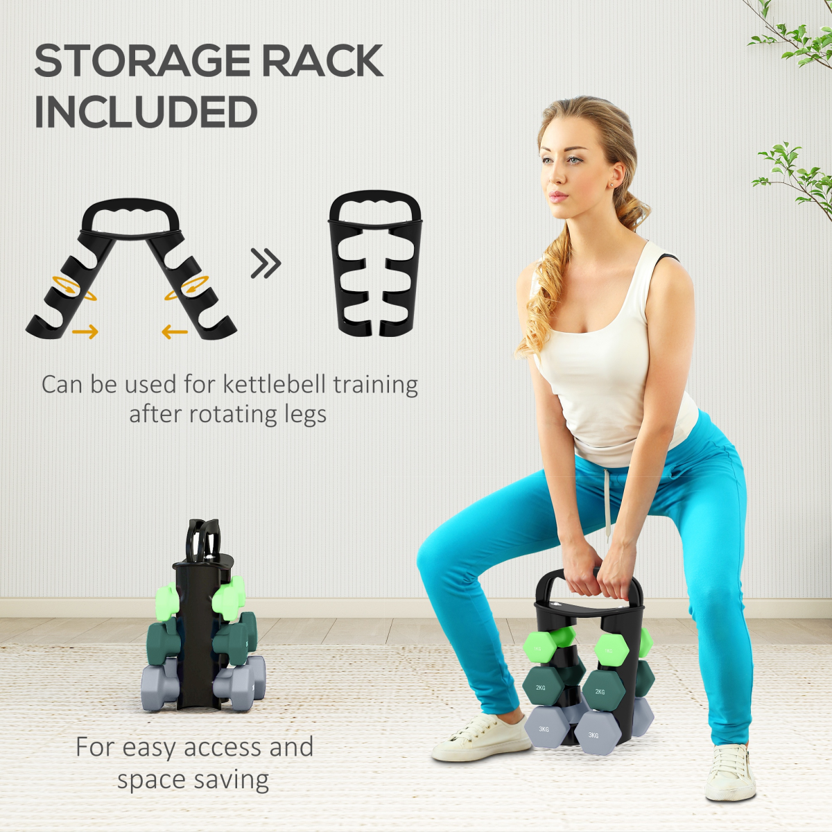 Dumbbells Set with Storage Rack, 2 x 1kg, 2 x 2kg, 2 x 3kg, Green