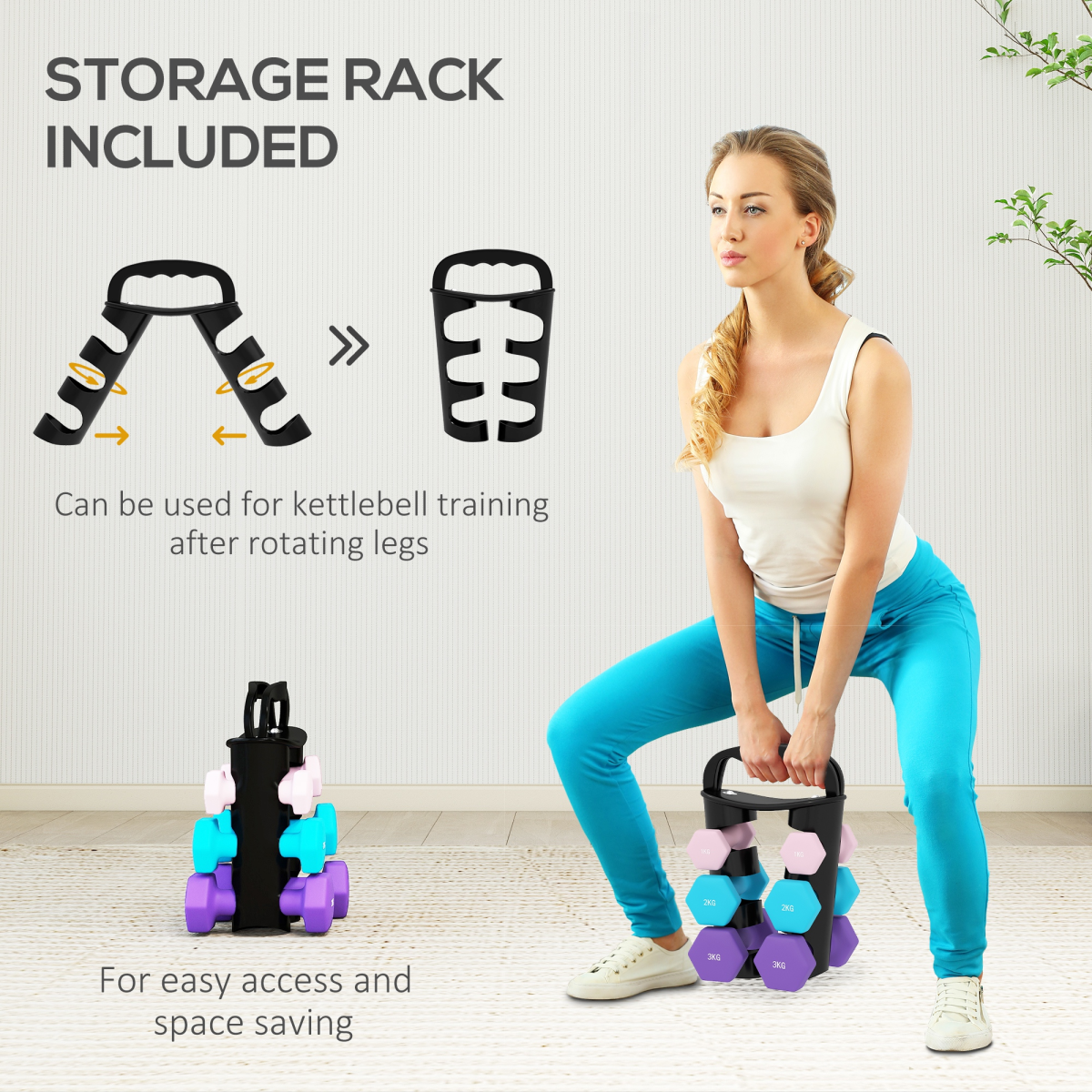 Dumbbells Set with Storage Rack, 2 x 1kg, 2 x 2kg, 2 x 3kg, Pink
