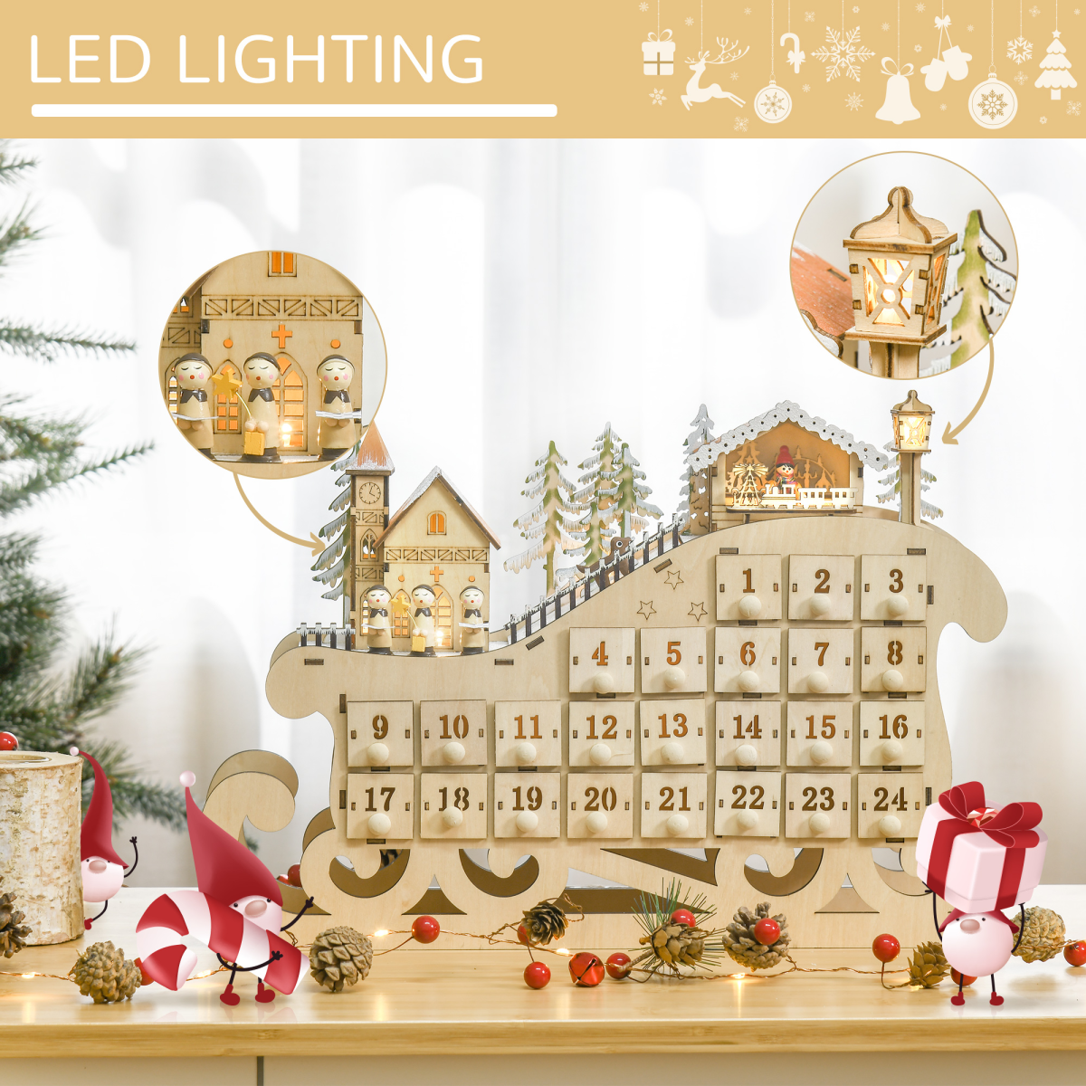 Christmas Advent Calendar 2021 Light Up Wooden Sleigh Countdown Natural