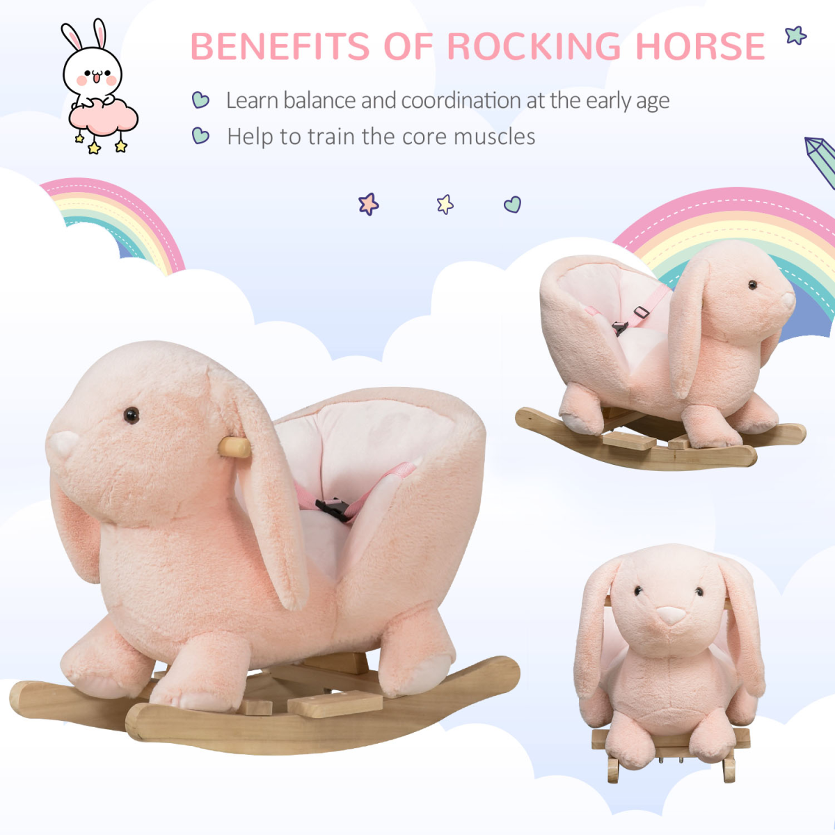 Ride-On Rocking Rabbit Sound Handlebars Seat Belt Plush Body