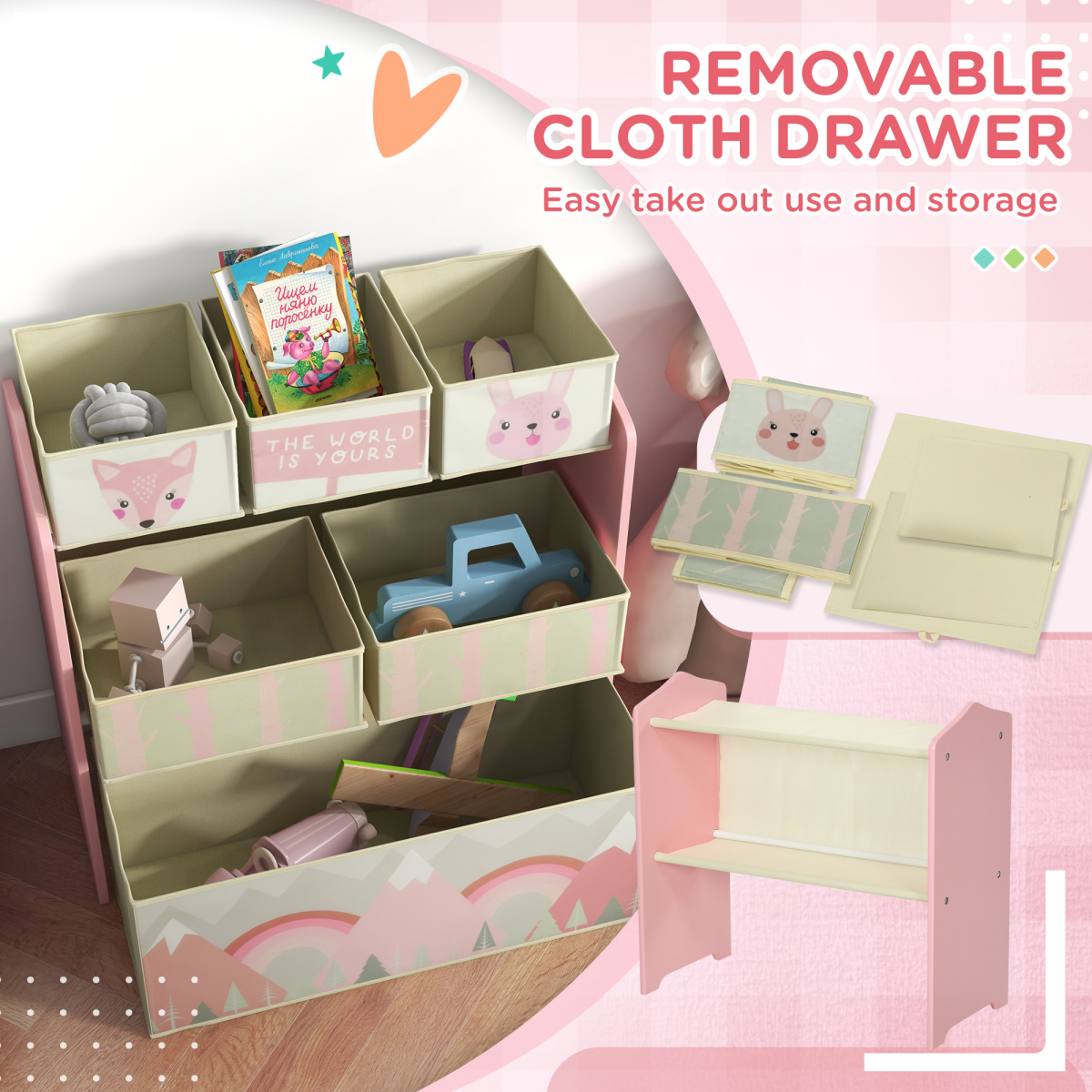 Kids Storage Units with 6 Boxes, Childrens Toy Storage Organiser, Pink
