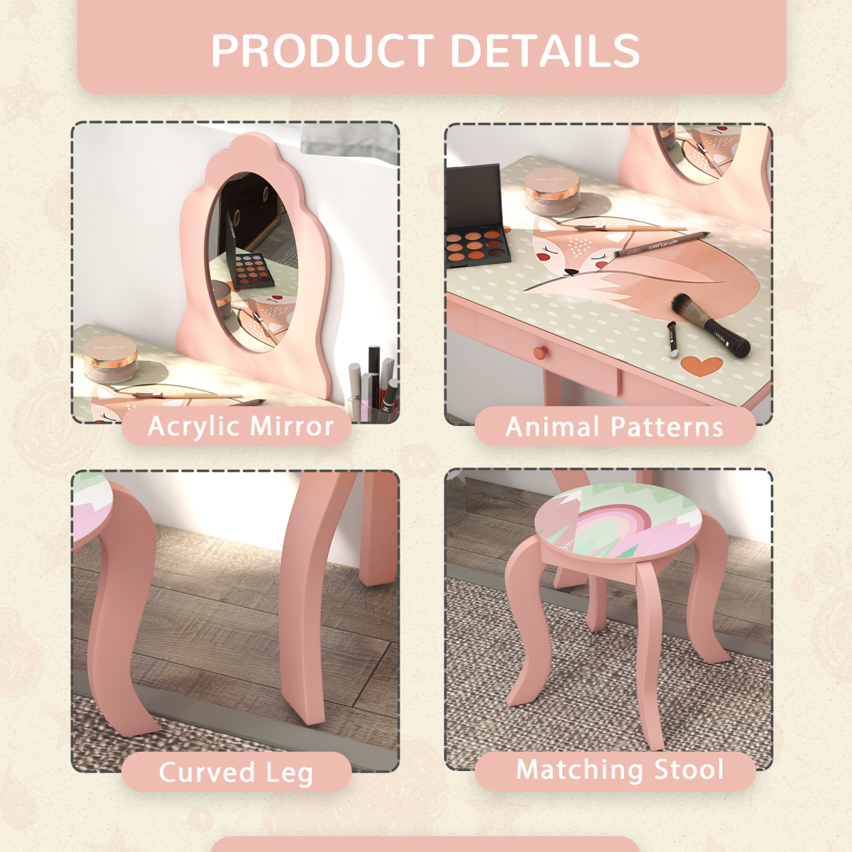 Kids Dressing Table with Mirror Stool Drawer, Animal Design, Pink
