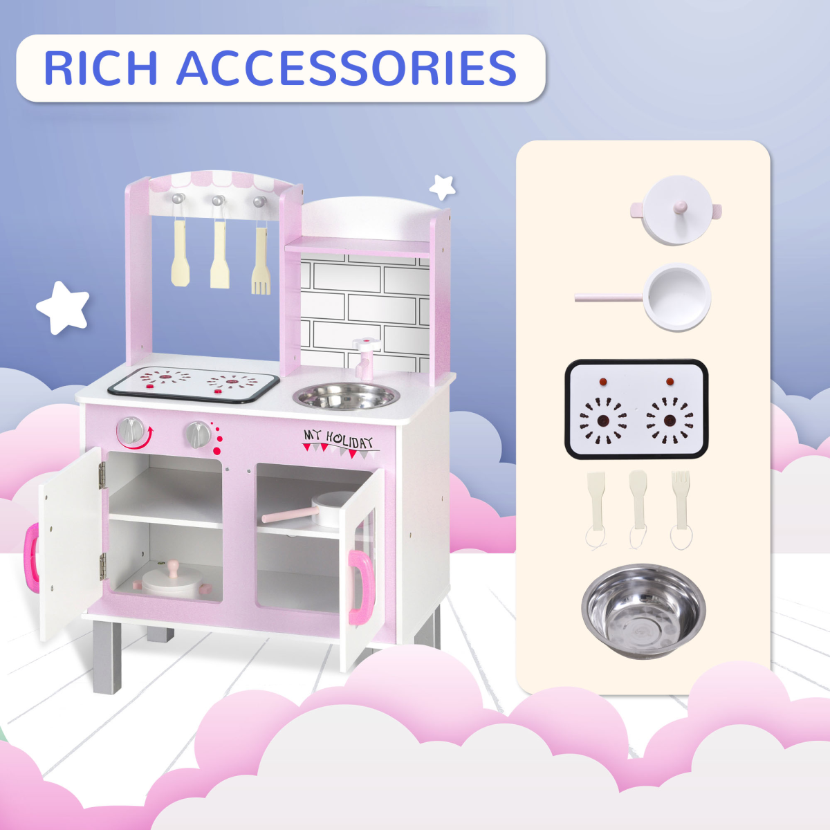 Kitchen Play Set Sounds Utensils Pans Storage Child Role Play