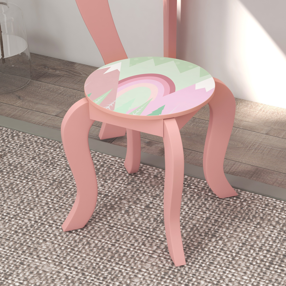 Kids Dressing Table with Mirror Stool Drawer, Animal Design, Pink