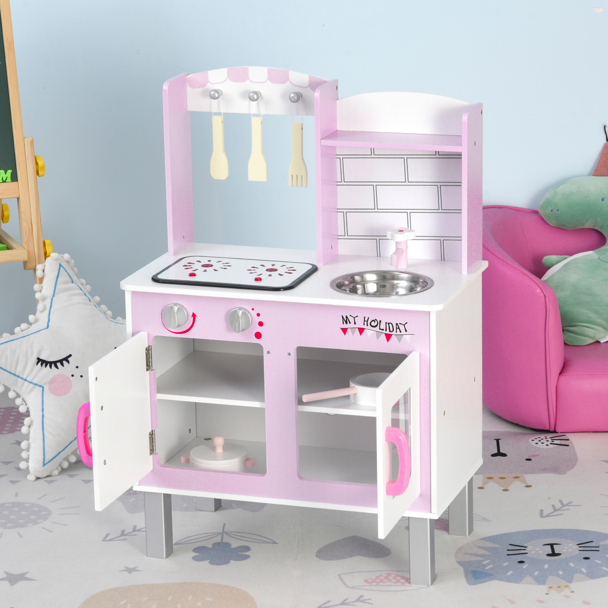Kitchen Play Set Sounds Utensils Pans Storage Child Role Play