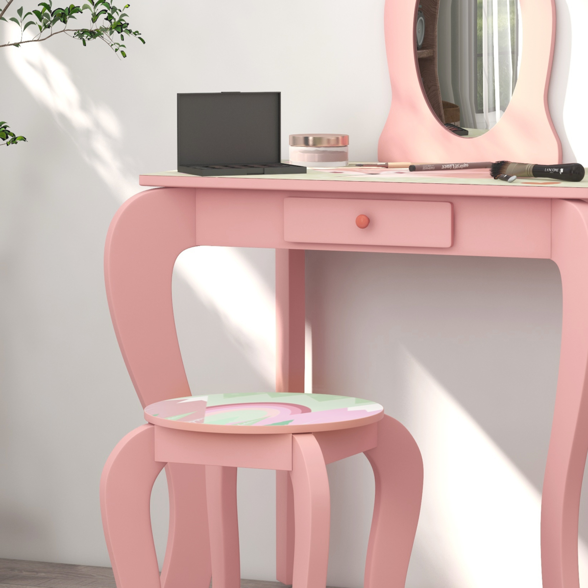 Kids Dressing Table with Mirror Stool Drawer, Animal Design, Pink