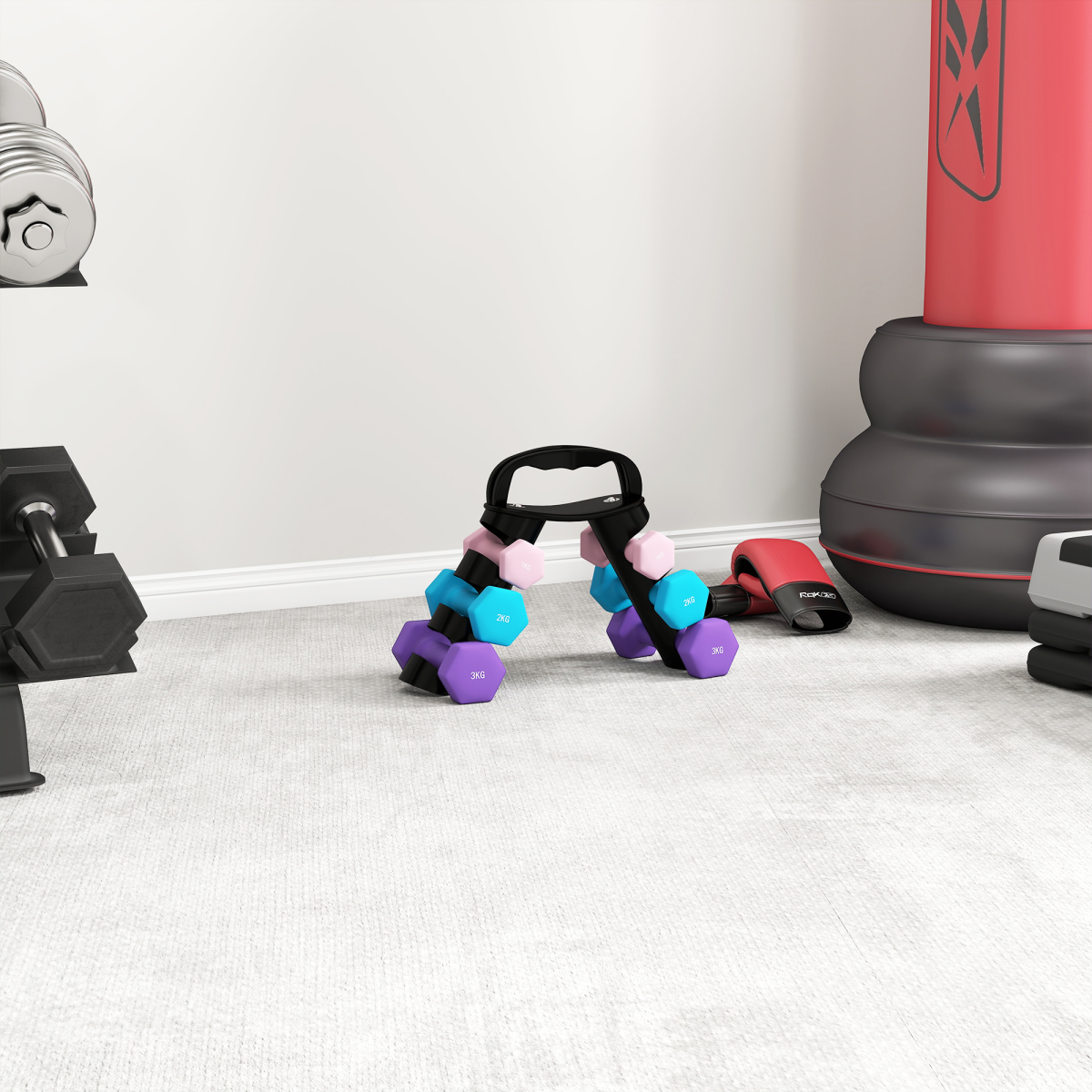 Dumbbells Set with Storage Rack, 2 x 1kg, 2 x 2kg, 2 x 3kg, Pink