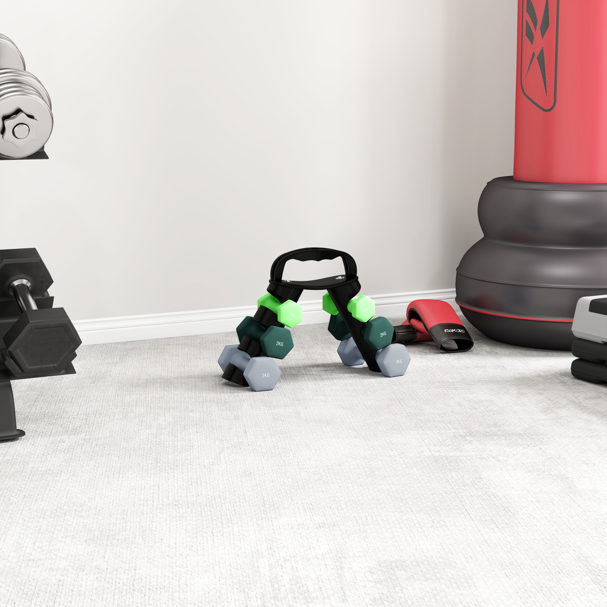 Dumbbells Set with Storage Rack, 2 x 1kg, 2 x 2kg, 2 x 3kg, Green