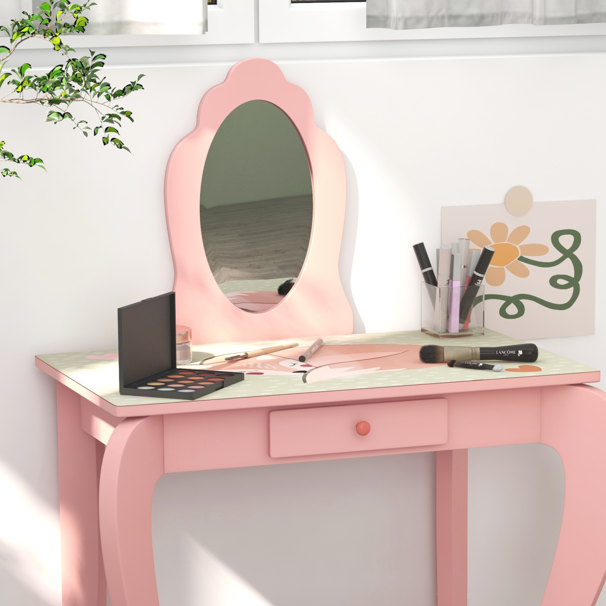 Kids Dressing Table with Mirror Stool Drawer, Animal Design, Pink