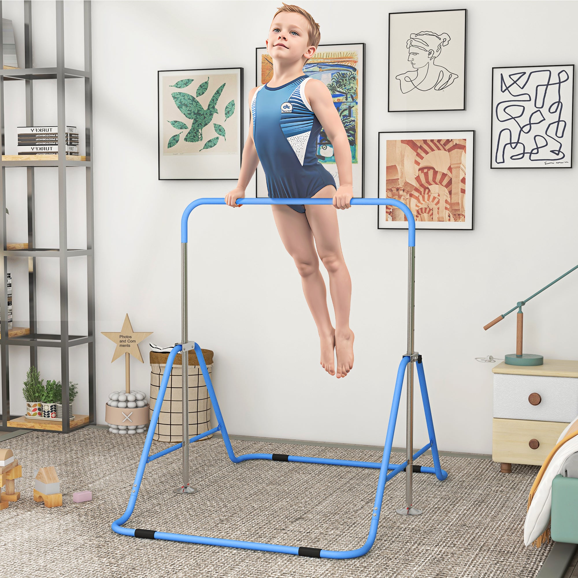Kids Gymnastic Bar w/ Adjustable Height, Foldable Training Bar - Blue