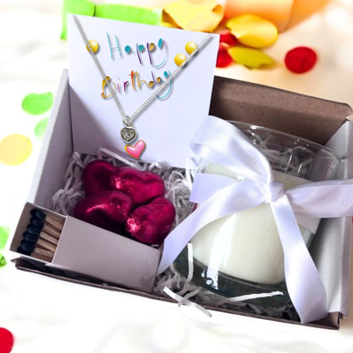 Happy Birthday Gift box - Cubic Zirconia Heart Necklace, Chocolates & Candle