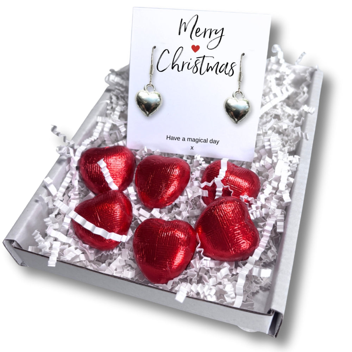 Merry Christmas Mini Gift box with Silver Heart Earrings