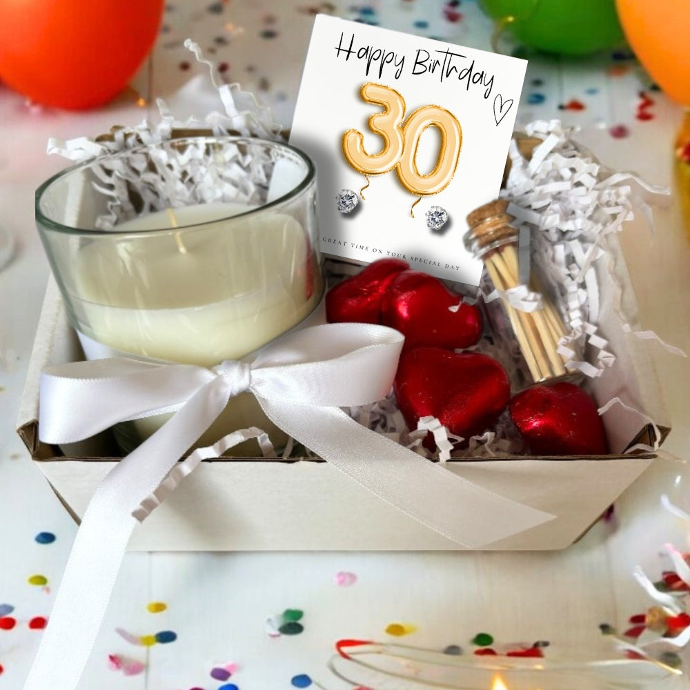 30th Birthday Gold Balloons Gift box - Cubic Zirconia Earrings, Chocolates & Candle