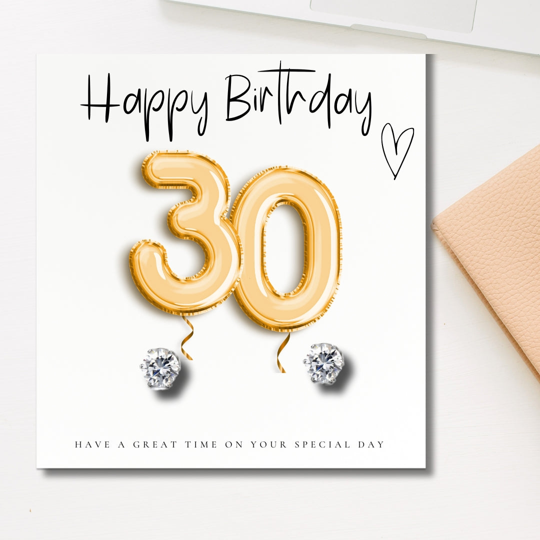 30th Birthday Gold Balloons Gift box - Cubic Zirconia Earrings, Chocolates & Candle