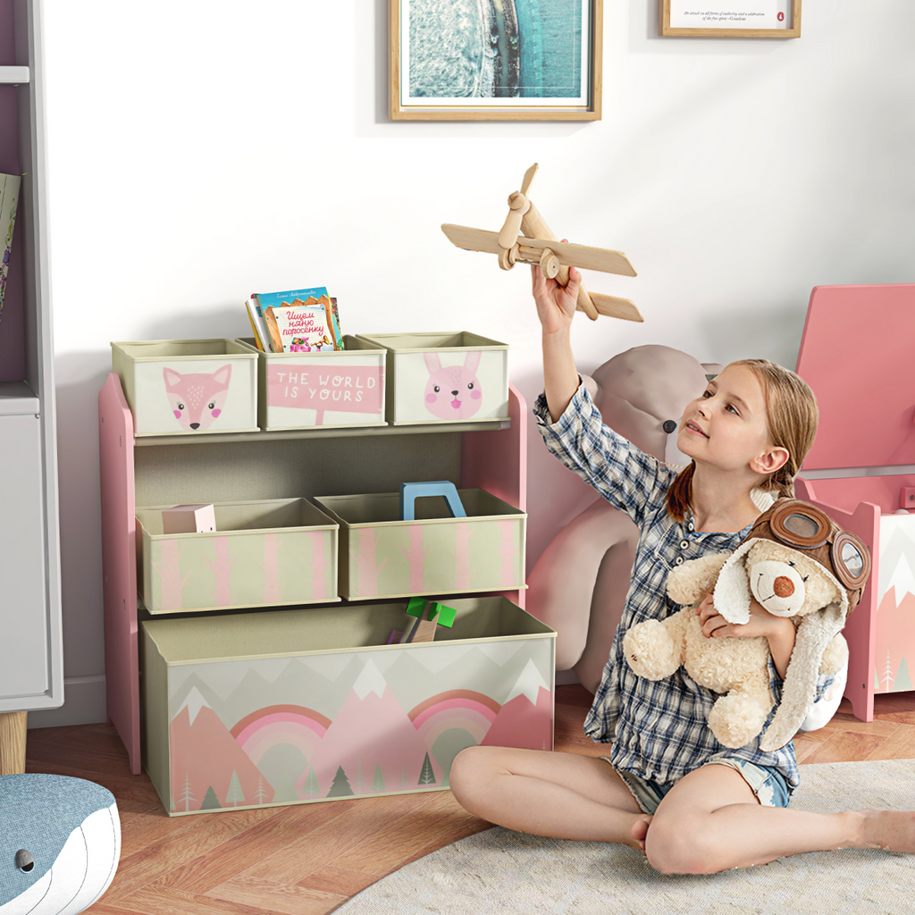 Kids Storage Units with 6 Boxes, Childrens Toy Storage Organiser, Pink