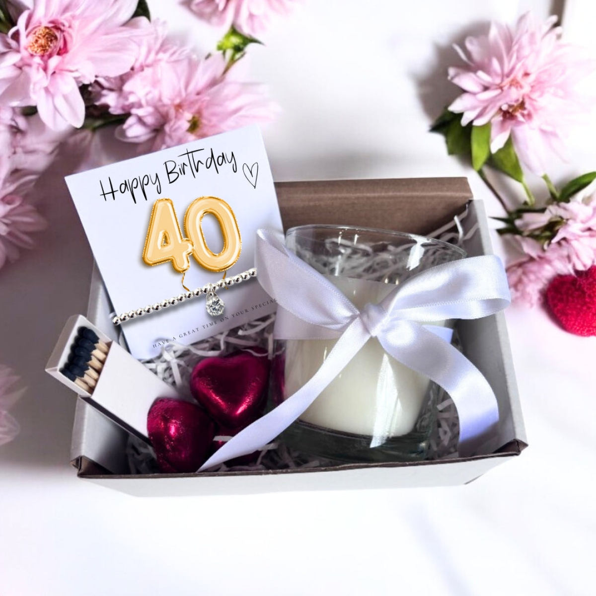 40th Birthday Gold Balloons Gift box - Cubic Zirconia Bracelet, Chocolates & Candle