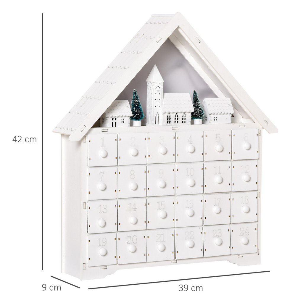 24-Drawer Christmas Advent Calendar Wooden Light-Up Countdown White
