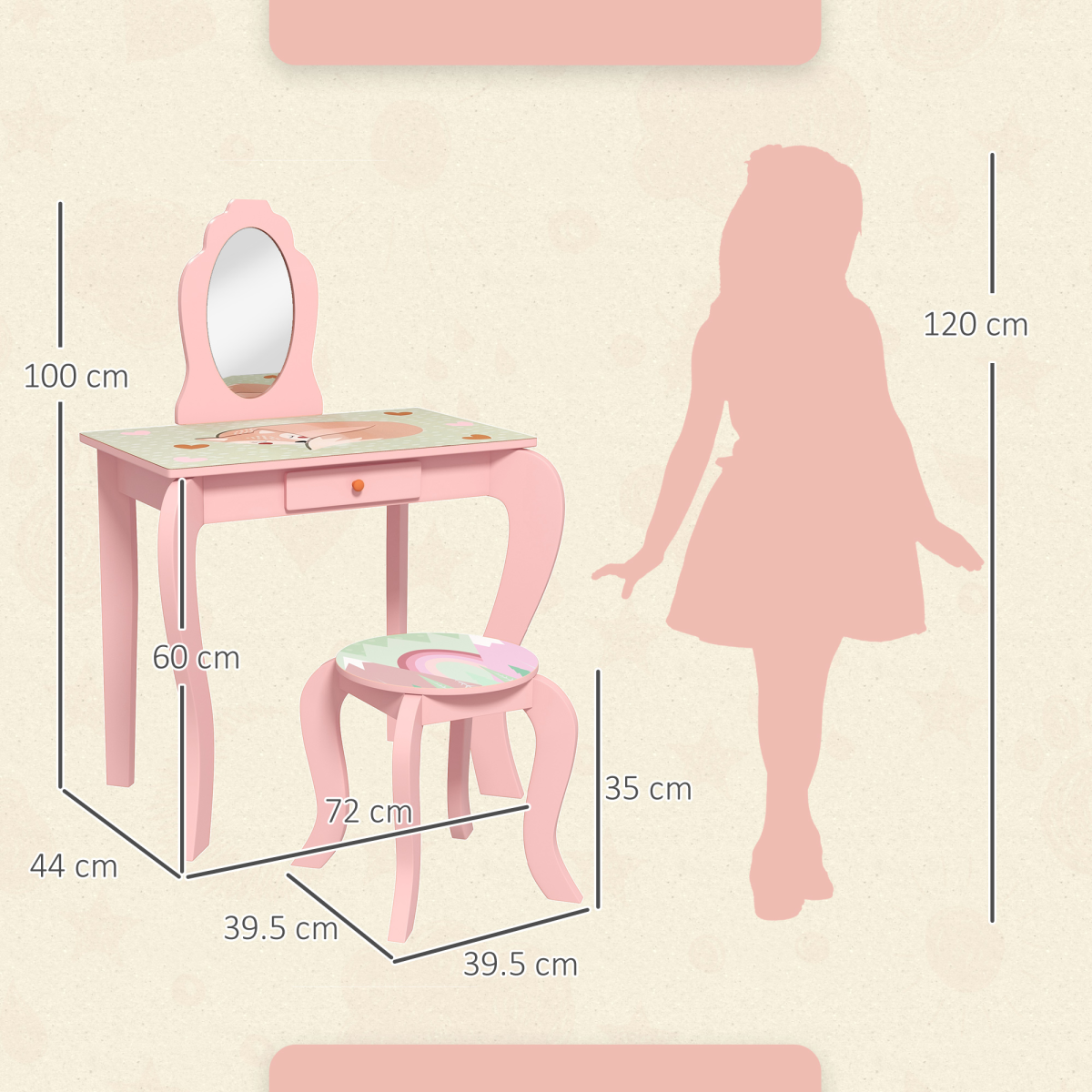 Kids Dressing Table with Mirror Stool Drawer, Animal Design, Pink