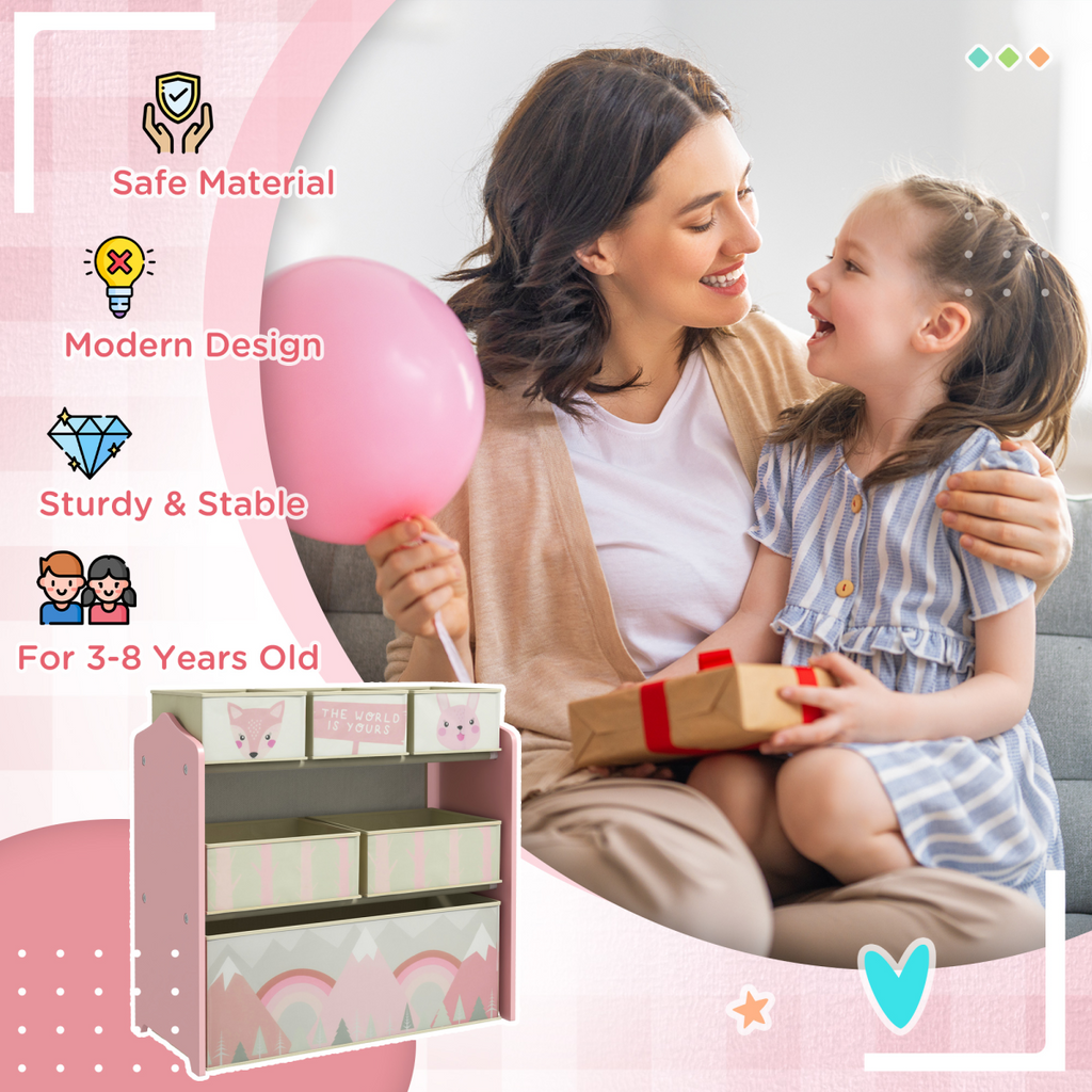 Kids Storage Units with 6 Boxes, Childrens Toy Storage Organiser, Pink