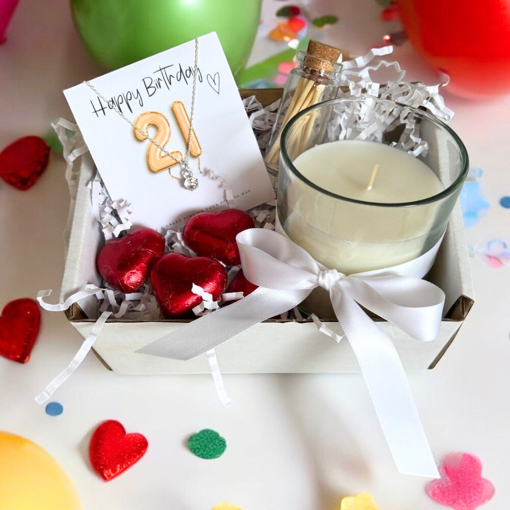 21st Birthday Gold Balloons Gift box - Cubic Zirconia Charm Necklace, Chocolates & Candle