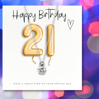 21st Birthday Gold Balloons Gift box - Cubic Zirconia Charm Necklace, Chocolates & Candle