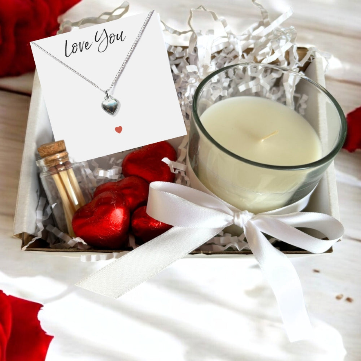 Love You Gift box - Silver Heart Necklace, Chocolates & Candle
