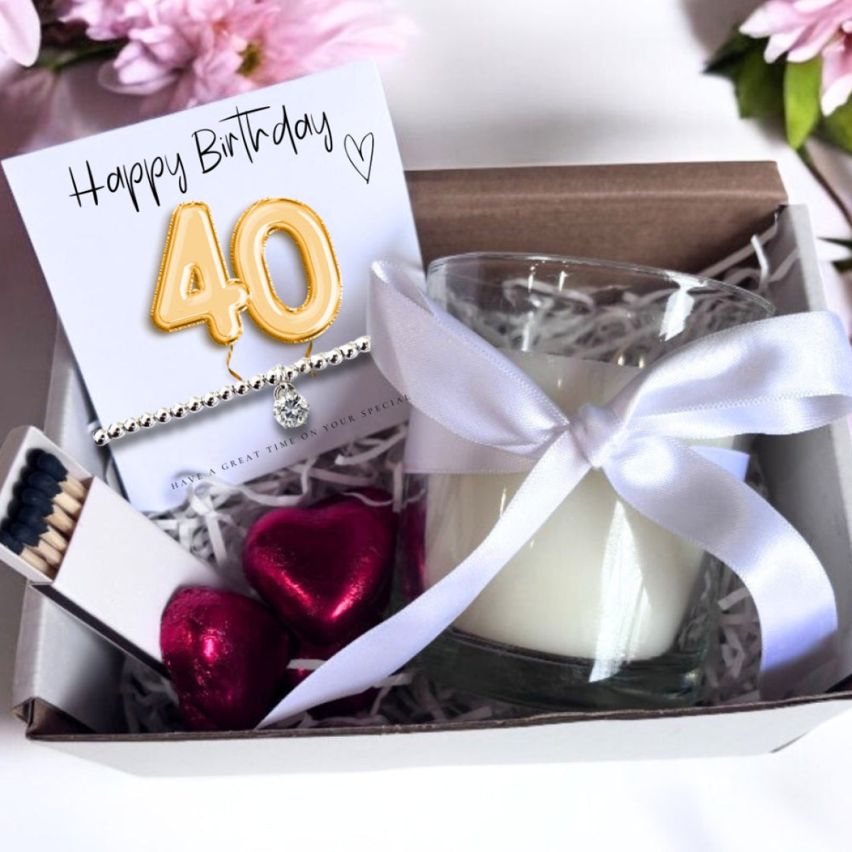 40th Birthday Gold Balloons Gift box - Cubic Zirconia Bracelet, Chocolates & Candle