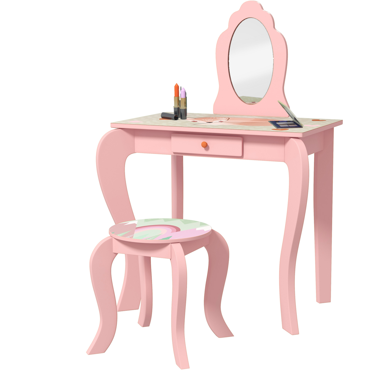 Kids Dressing Table with Mirror Stool Drawer, Animal Design, Pink